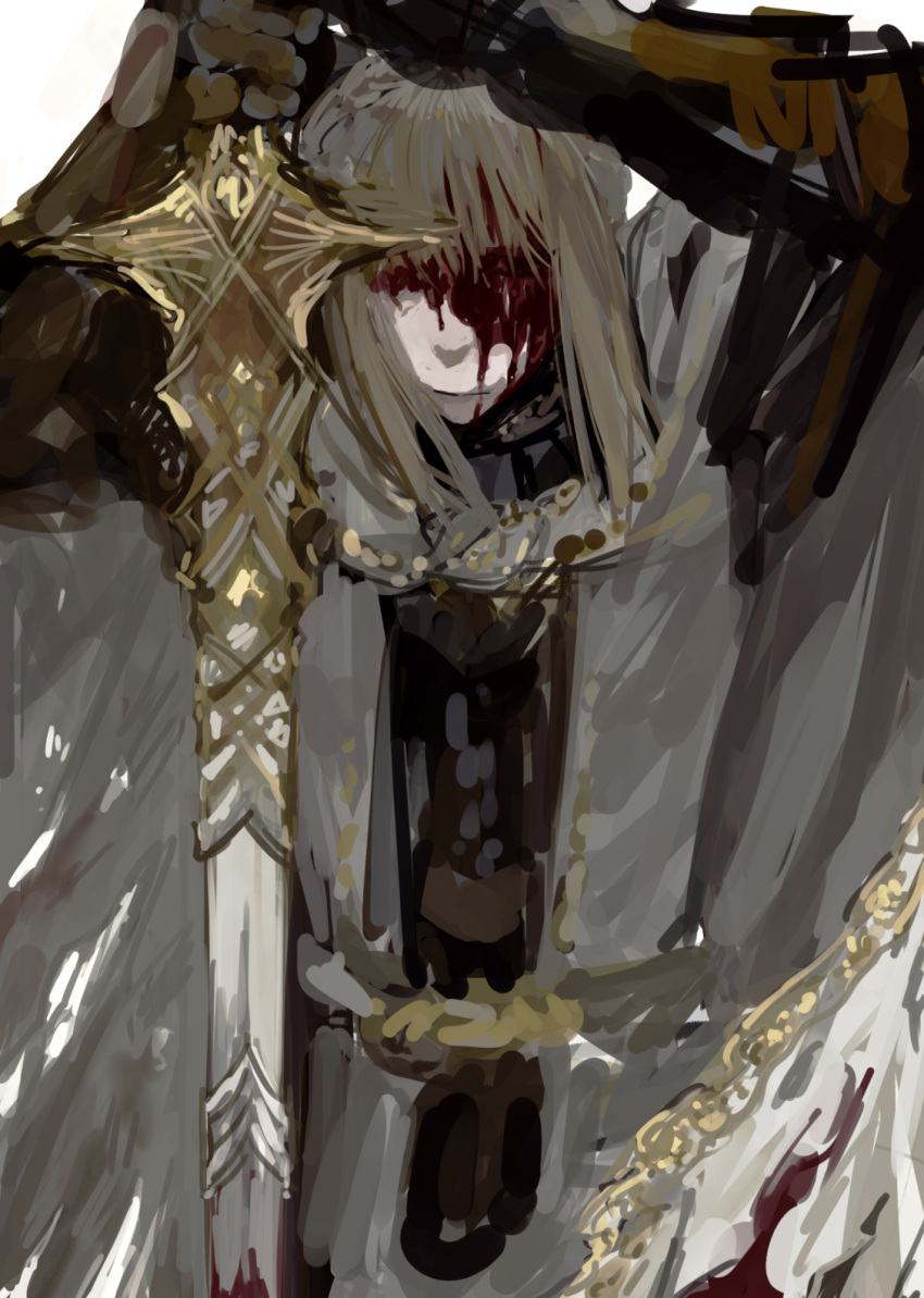 1girl, arm_up, arms_up, blood, blood_on_face, brown_hair, closed_mouth, commentary, elden_ring, expressionless, gauntlets, gbsaphira, grey_hair, highres, holding, holding_sword, holding_weapon, medium_hair, needle_knight_leda, simple_background, solo, sword, weapon, white_background
