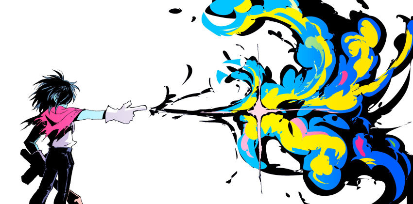 1other, bandage_player, black_hair, black_pants, blue_skin, cape, colored_skin, commentary