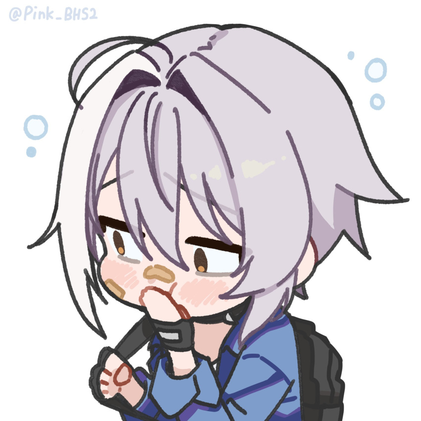 ahoge, backpack, bag, bandaid, bandaid_on_face, bandaid_on_nose, blue_jacket, blush