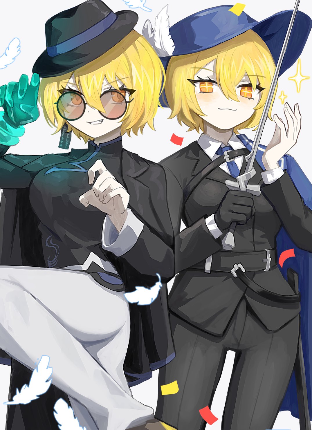 2girls, :3, armlet, belt, black_belt, black_coat, black_gloves, black_hat, black_pants, blonde_hair, blue_coat, blue_hat, blue_necktie, bob_cut, chinese_clothes, cinq_association_(identity)_(project_moon), cinq_east_(identity)_(project_moon), claw_pose, coat, collared_shirt, commentary, cowboy_shot, cross-shaped_pupils, don_quixote_(project_moon), earrings, eyelashes, feathers, gloves, grin, hat, hat_feather, highres, holding, holding_sword, holding_weapon, jewelry, leg_up, light_blush, limbus_company, looking_at_viewer, multiple_girls, necktie, ofuda, ofuda_earrings, orange_eyes, pants, parted_lips, project_moon, ro/ku, round_eyewear, saber_(weapon), shirt, simple_background, smile, sparkle, sword, symbol-shaped_pupils, tilted_headwear, tinted_eyewear, turtleneck, unworn_coat, weapon, white_background, white_pants, white_shirt