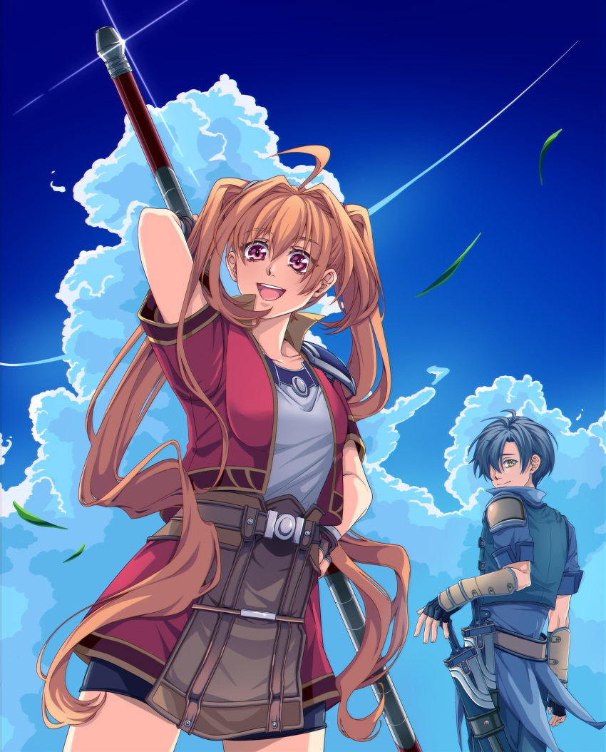 1boy, 1girl, absurdres, ahoge, antenna_hair, armor, bike_shorts, blue_hair, blue_sky, breasts, brown_hair, clouds, cropped_jacket, curtained_hair, double-parted_bangs, eiyuu_densetsu, english_commentary, estelle_bright, fingerless_gloves, flying_grass, gleam, gloves, hair_between_eyes, hair_intakes, high_collar, highres, holding, holding_staff, holding_weapon, joshua_bright, long_hair, looking_at_viewer, outdoors, pauldrons, red_eyes, short_hair, short_sleeves, shorts, shoulder_armor, single_pauldron, skirt, sky, small_breasts, smile, sora_no_kiseki, staff, sword, twintails, very_long_hair, weapon, wind, yellow_eyes, yuzukiyo