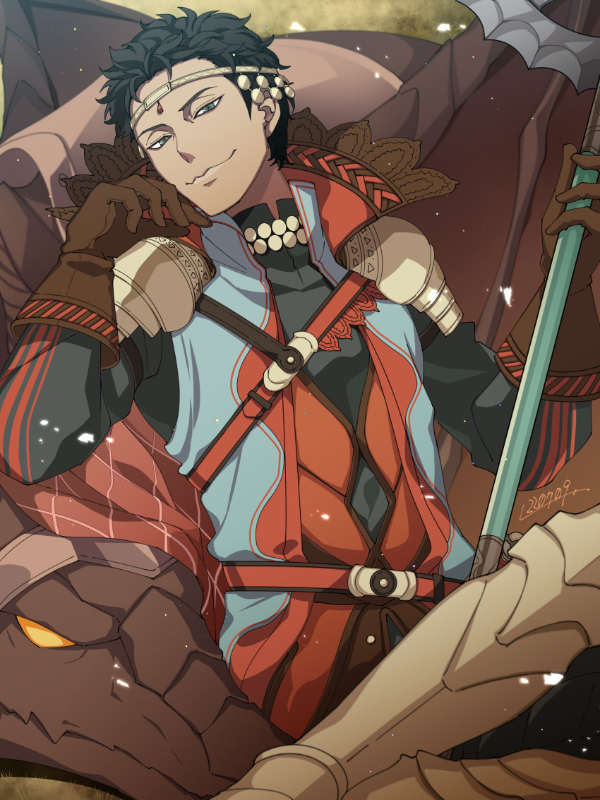 1boy, axe, brown_hair, circlet, cloak, dark_skin, dragon, fire_emblem, fire_emblem:_three_houses, fire_emblem_warriors:_three_hopes, gloves, green_eyes, highres, holding, holding_axe, l_(matador), shahid_(fire_emblem), smug, solo