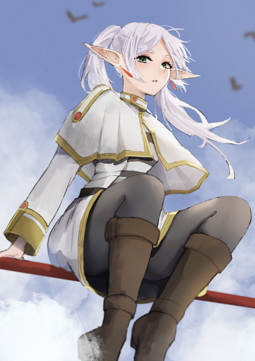 1girl, absurdres, boots, day, earrings, elf, flying, frieren, green_eyes, hazuki_kono, highres, jewelry, knee_boots, long_hair, outdoors, pointy_ears, sitting, sky, solo, sousou_no_frieren, twintails, white_hair
