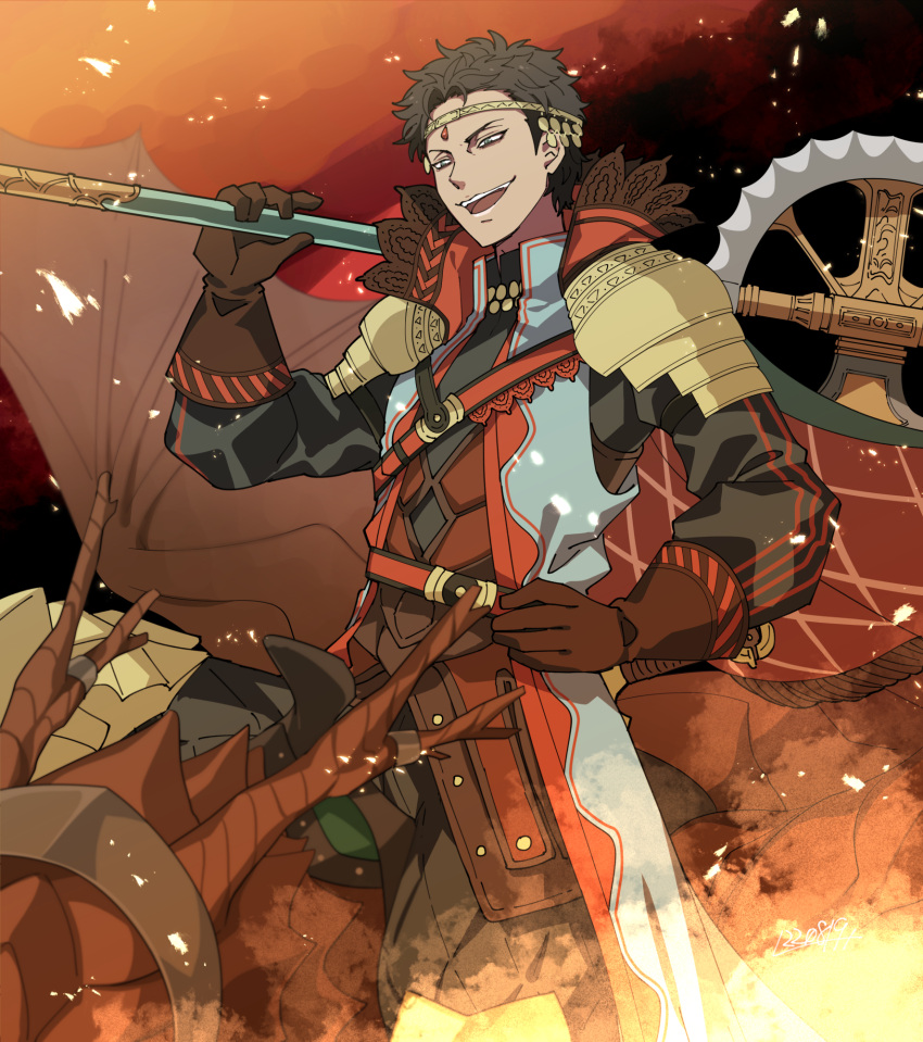 1boy, armor, axe, brown_hair, circle, dark_skin, dragon, dragon_horns