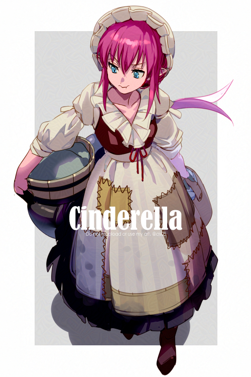 1girl, apron, black_skirt, blue_eyes, breasts, bucket, dragon_tail, dress, echo_(circa), elizabeth_bathory_(cinderella)_(fate), elizabeth_bathory_(fate), elizabeth_bathory_(scullery_maid)_(fate), fate/grand_order, fate_(series), full_body, hat, long_hair, long_sleeves, looking_to_the_side, pink_hair, pointy_ears, pout, puffy_long_sleeves, puffy_sleeves, skirt, small_breasts, tail, white_apron, white_hat, wooden_bucket