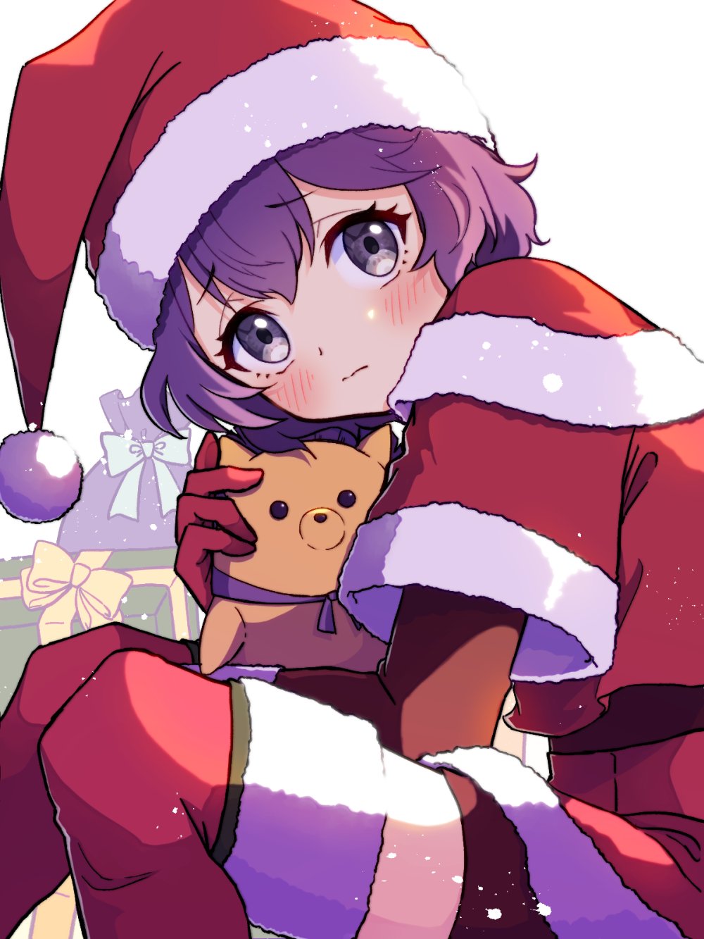 1girl, bernadetta_von_varley, bernadetta_von_varley_(winter), christmas, christmas_present, dress, fire_emblem, fire_emblem:_three_houses