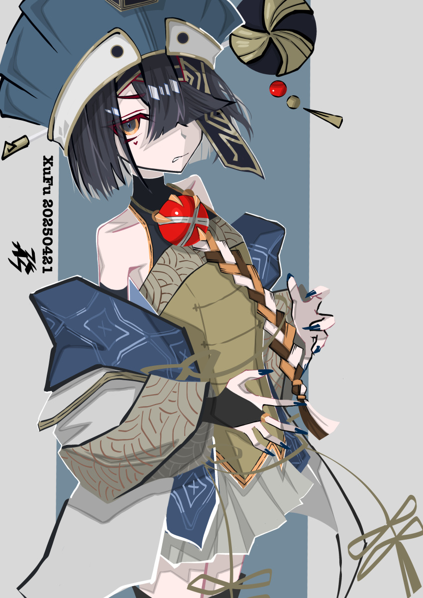 1girl, absurdres, bare_shoulders, black_hair, bridal_gauntlets, brown_eyes, chinese_clothes, fate/grand_order, fate_(series), fingernails, flat_chest, hair_over_one_eye, hat, heart-shaped_mole, highres, long_sleeves, looking_at_viewer, mole, mole_under_eye, nail_polish, orb, robe, sharp_fingernails, short_hair, solo, tassel, tsukaasa, white_robe, wide_sleeves, xu_fu_(fate), xu_fu_(first_ascension)_(fate)