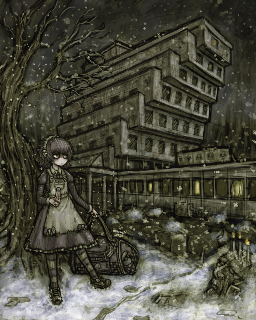 1girl, absurdres, apron, artist_name, bag, black_dress, black_hair, breasts, brown_shoes, building, candle, cellphone, dress, duffel_bag, flip_phone, futaba_channel, grey_apron, hairband, highres, holding, holding_phone, hotel_panorama, mitchelf, nijiura_maids, phone, puffy_sleeves, shoes, short_hair, skull_ornament, snow, snowing, solo, stab, striped_leggings, tree, yakui