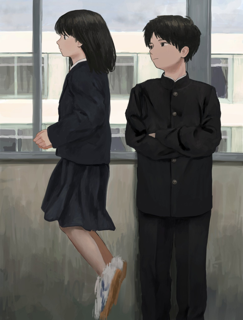 1boy, 1girl, black_hair, black_jacket, black_pants, black_skirt, blazer, buttons