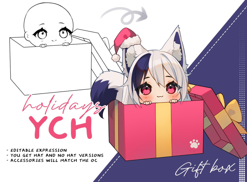 1girl, :3, animal_ear_fluff, animal_ears, arrow_(symbol), black_hair, box, chibi