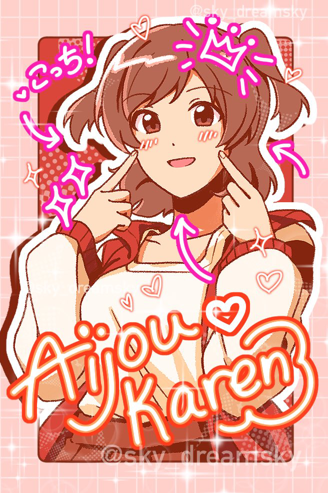 1girl, aijou_karen, arrow_(symbol), blush, brown_eyes, brown_hair, character_name, collarbone, crown, drawn_blush, jacket, long_sleeves, medium_hair, mini_crown, open_clothes, open_jacket, parted_bangs, pointing, pointing_at_self, red_skirt, sapphi_(sky_dreamsky), shirt, shoujo_kageki_revue_starlight, skirt, sparkle, twitter_username, two_side_up, white_shirt