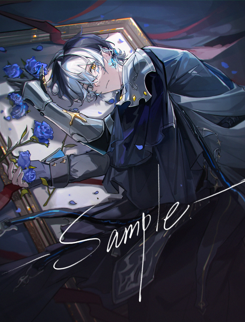 1boy, armor, asymmetrical_gloves, black_cape, black_gloves, black_hair, black_robe, black_shirt