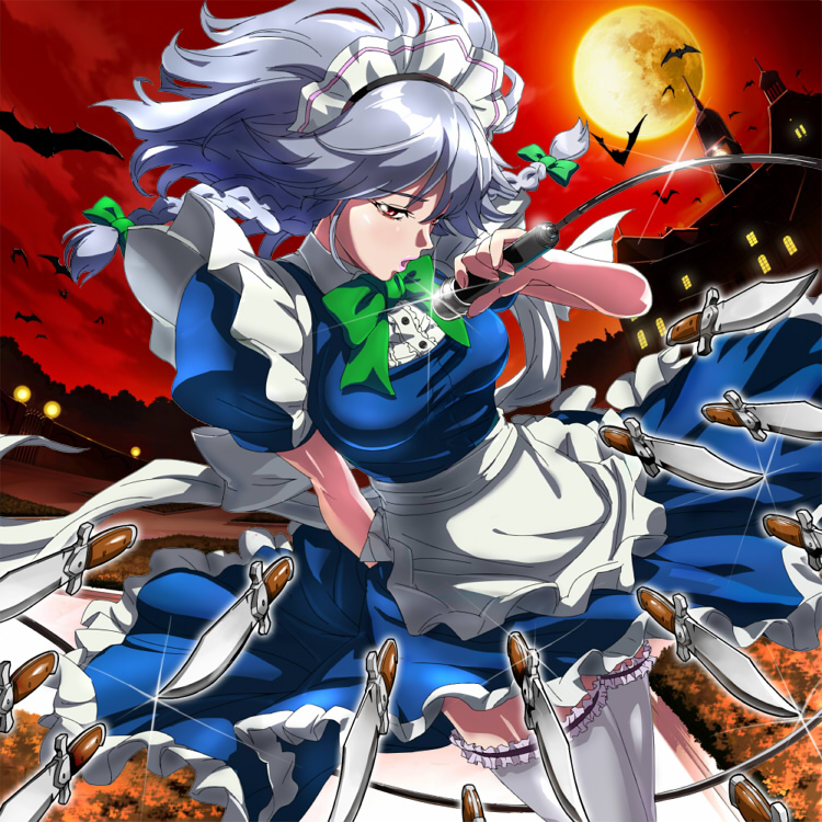 bat, bow, braid, frills, full_moon, hair_bow, izayoi_sakuya, knife, maid, maid_headdress, microphone, moon, night, red_eyes, red_sky, scarlet_devil_mansion, seki_(opokom), short_hair, silver_hair, singing, sky, solo, the_embodiment_of_scarlet_devil, thigh-highs, thighhighs, throwing_knife, touhou, twin_braids, weapon, white_legwear, white_thighhighs