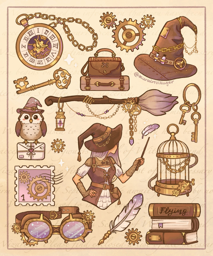 1girl, animal, belt, belt_pouch, bird, birdcage, book, bottle