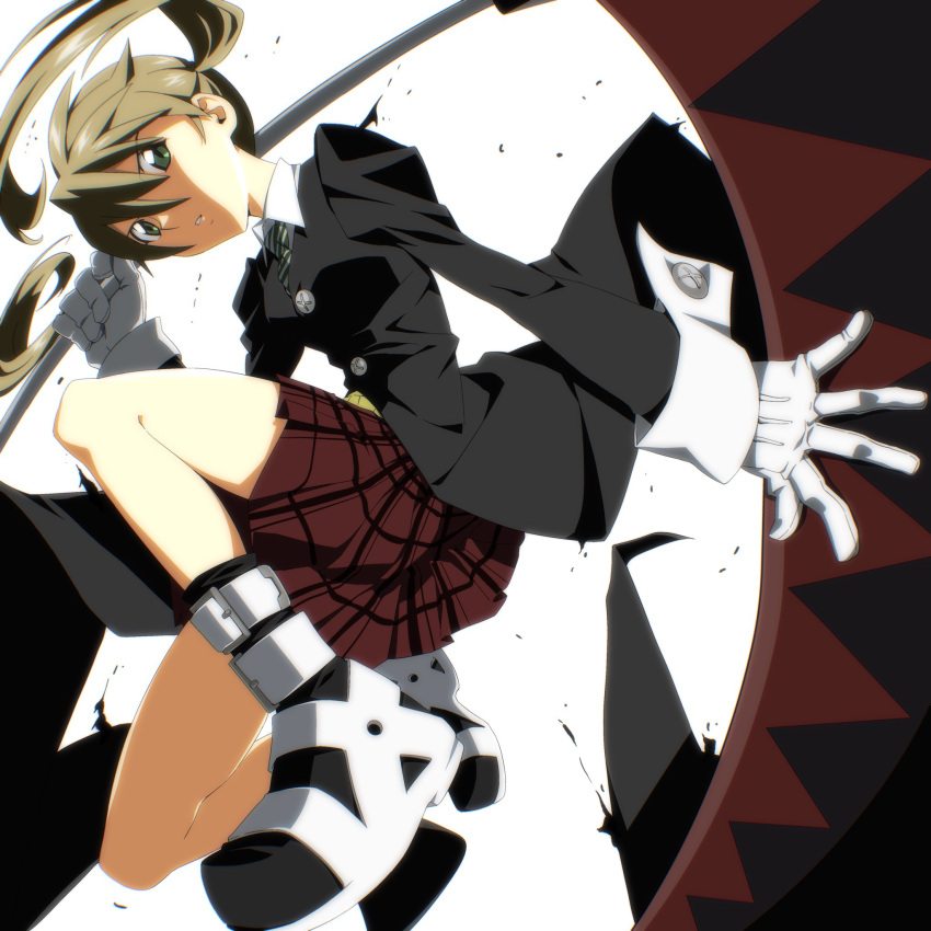 1girl, blonde_hair, boots, collared_shirt, gloves, green_eyes, green_necktie, highres, holding, holding_scythe, jumping, long_sleeves, looking_at_viewer, maka_albarn, miko_heb, necktie, parted_lips, plaid_clothes, plaid_skirt, pleated_skirt, scythe, shirt, skirt, solo, soul_eater, striped_necktie, twintails, white_background, white_gloves, white_shirt