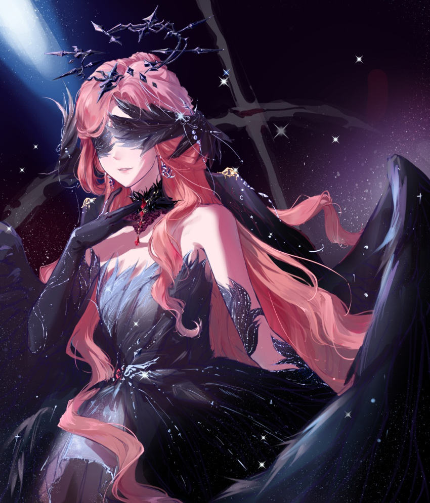 1girl, asymmetrical_sidelocks, bare_shoulders, bird_wings, black_collar, black_dress, black_gloves, black_halo