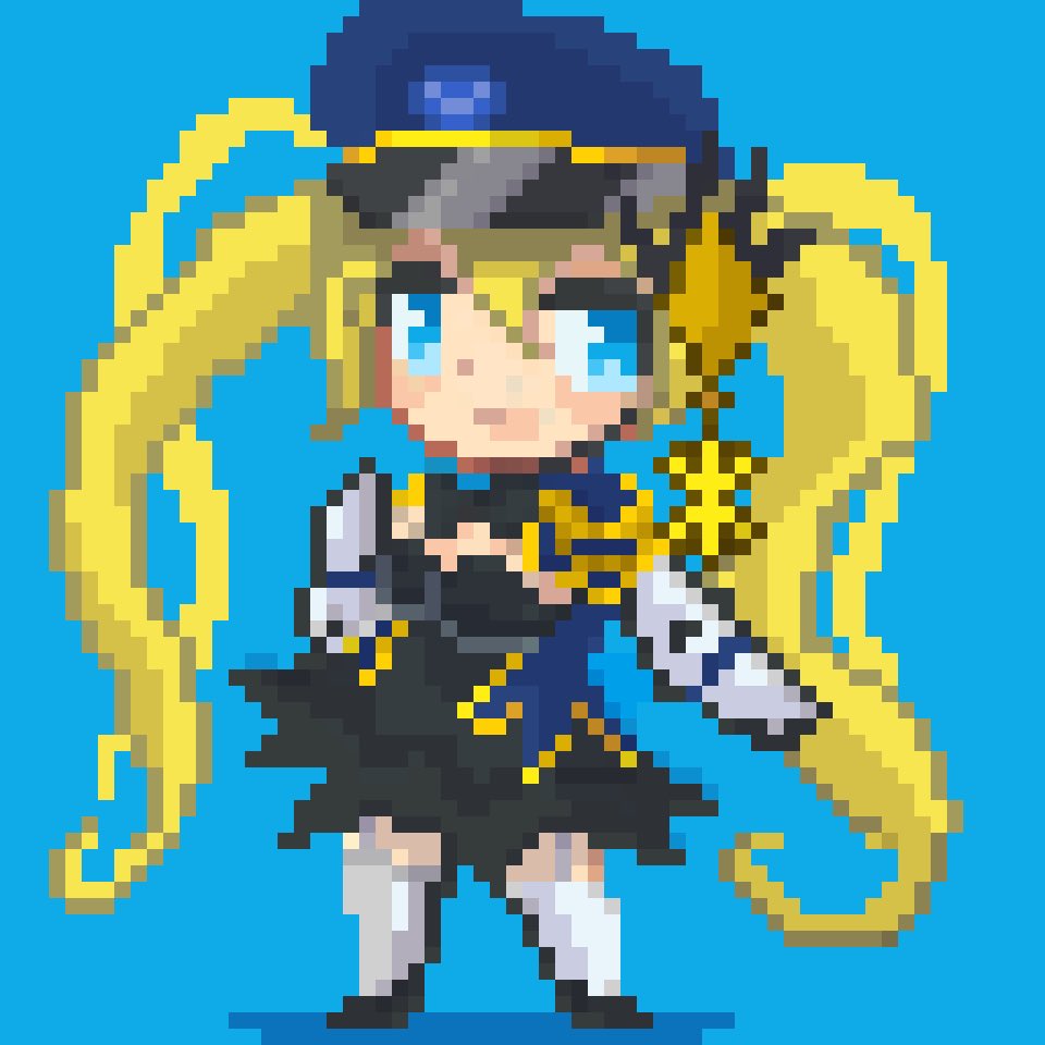 1girl, aqua_eyes, black_skirt, blonde_hair, blue_background, blue_hat, breasts, chaos_gerda_(gakuen)_(grimms_notes)