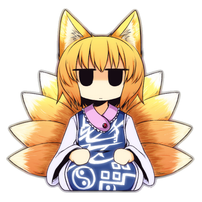 animal_ears, bad_id, blonde_hair, expressionless, flat_gaze, fox_ears, fox_tail, multiple_tails, nanatsume, no_hat, no_headwear, seiza, short_hair, sitting, solo, tail, touhou, yakumo_ran