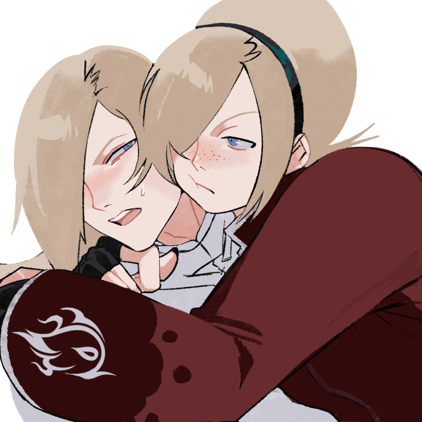2boys, :/, ancestor_and_descendant, androgynous, ash_crimson, black_gloves, black_hairband, blonde_hair