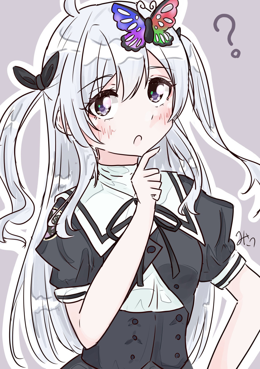 1girl, :o, ?, absurdres, ahoge, assault_lily, black_ribbon, black_skirt