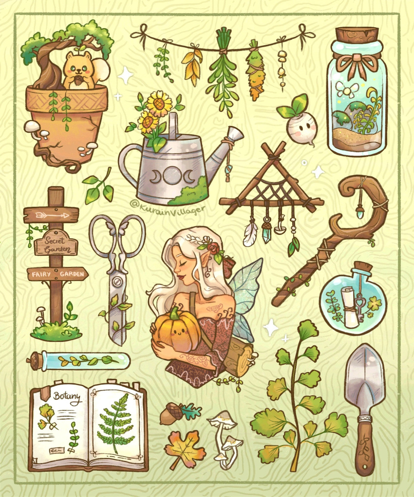 1girl, acorn, bonsai, book, bookmark, bottle, brown_dress, bug