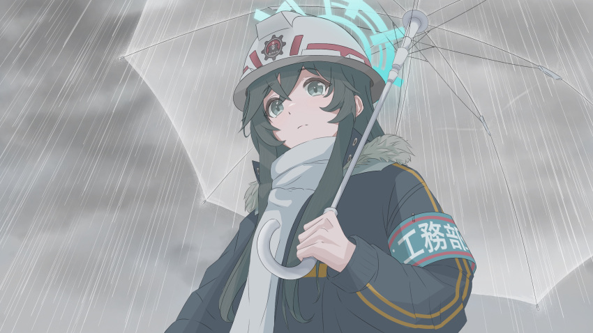 1girl, armband, black_jacket, blue_archive, blue_armband, blue_halo, closed_mouth, from_below