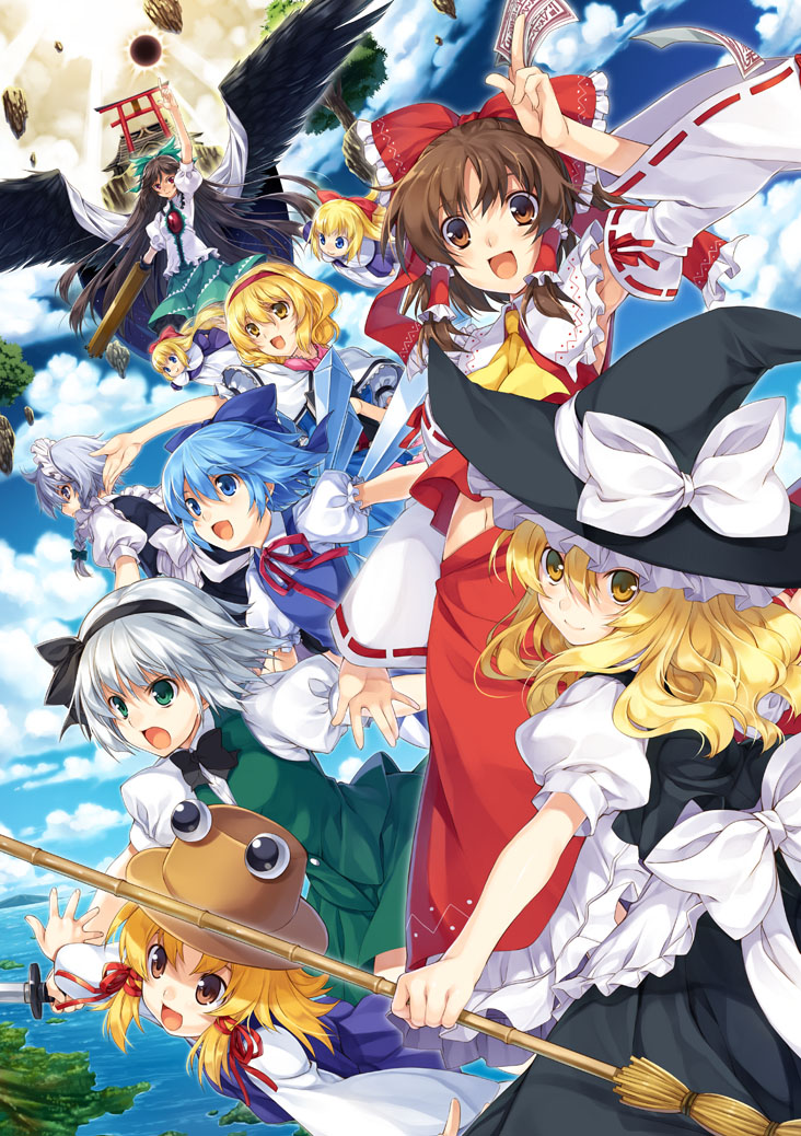 :d, alice_margatroid, black_sun, black_wings, blonde_hair, blue_hair, bow, broom