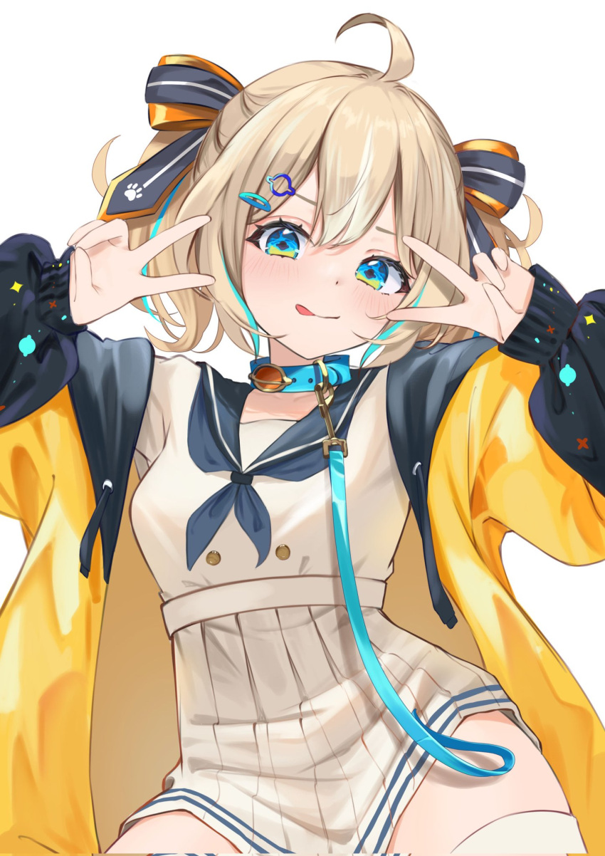 1girl, :p, ahoge, appare_hinata, aqua_streaks, blonde_hair, blue_collar, blue_eyes