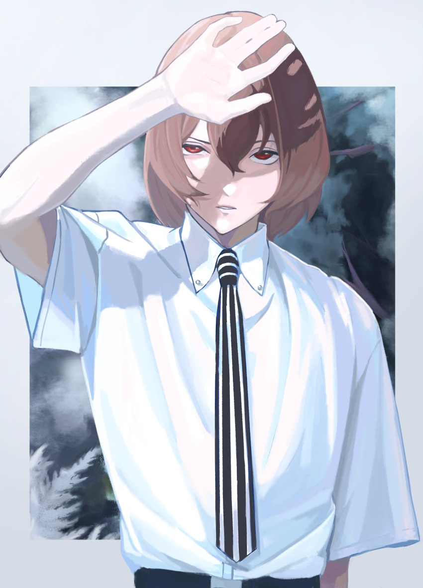 1boy, akechi_gorou, arm_up, bamboo51006575, belt, belt_buckle, black_belt, brown_hair, buckle, collared_shirt, cowboy_shot, hair_between_eyes, highres, looking_up, male_focus, necktie, parted_lips, persona, persona_5, red_eyes, shading_eyes, shirt, short_sleeves, solo, striped_necktie, tree, uneven_eyes, white_shirt, wing_collar