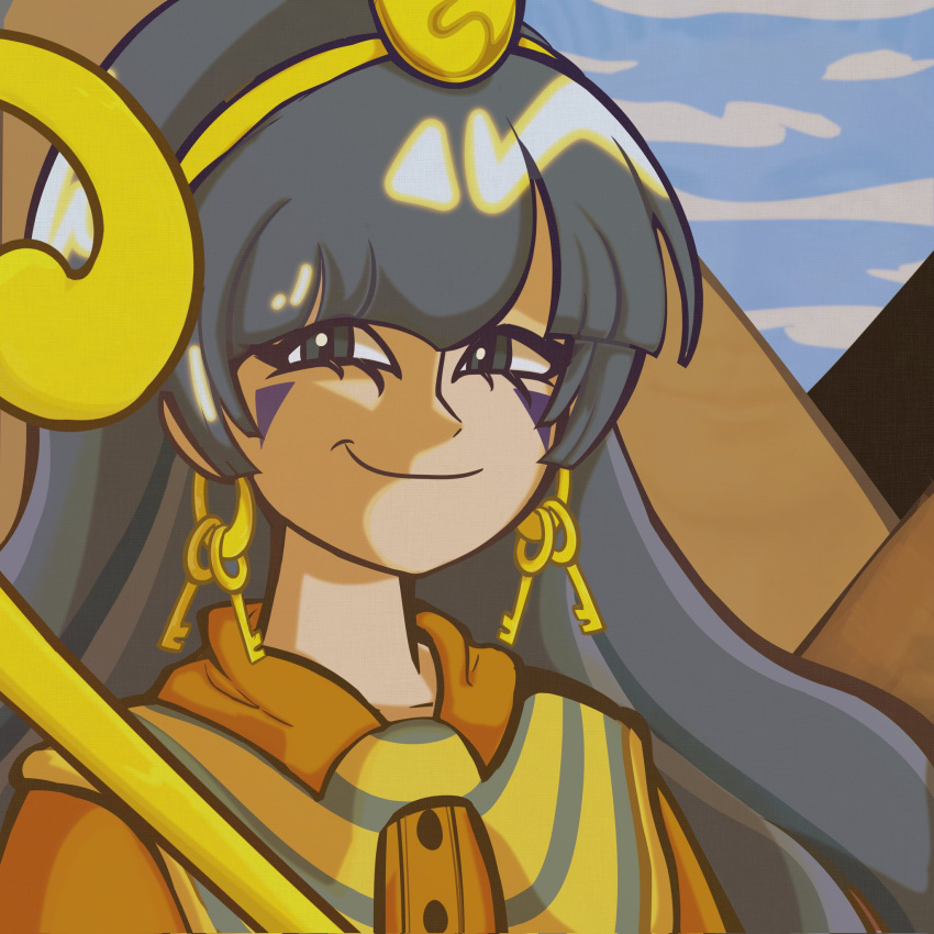 1girl, ancient_egyptian, ancient_egyptian_clothes, blue_eyes, blue_hair, brown_shirt, earrings, egypt