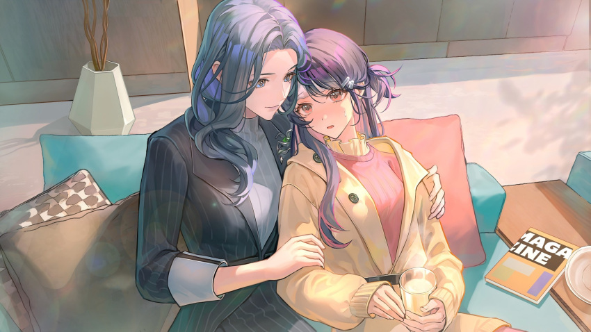 2girls, blue_eyes, blue_hair, buttons, closed_mouth, copyright_name, couch, cup