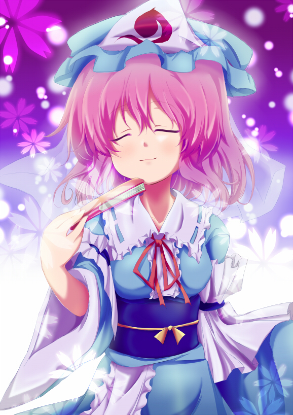 blush, closed_eyes, eyes_closed, fan, hat, pink_hair, saigyouji_yuyuko, smile, solo, tensousui, touhou, veil
