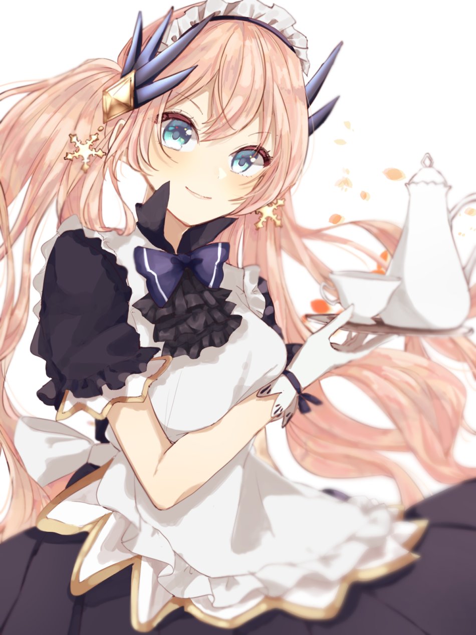 1girl, alternate_costume, apron, artist_request, black_dress, chaos_gerda_(grimms_notes), closed_mouth, dress, gloves, grimms_notes, hair_ornament, highres, holding, holding_tray, long_hair, maid, maid_headdress, orange_hair, simple_background, smile, solo, source_request, tray, twintails, very_long_hair, white_apron, white_background, white_gloves