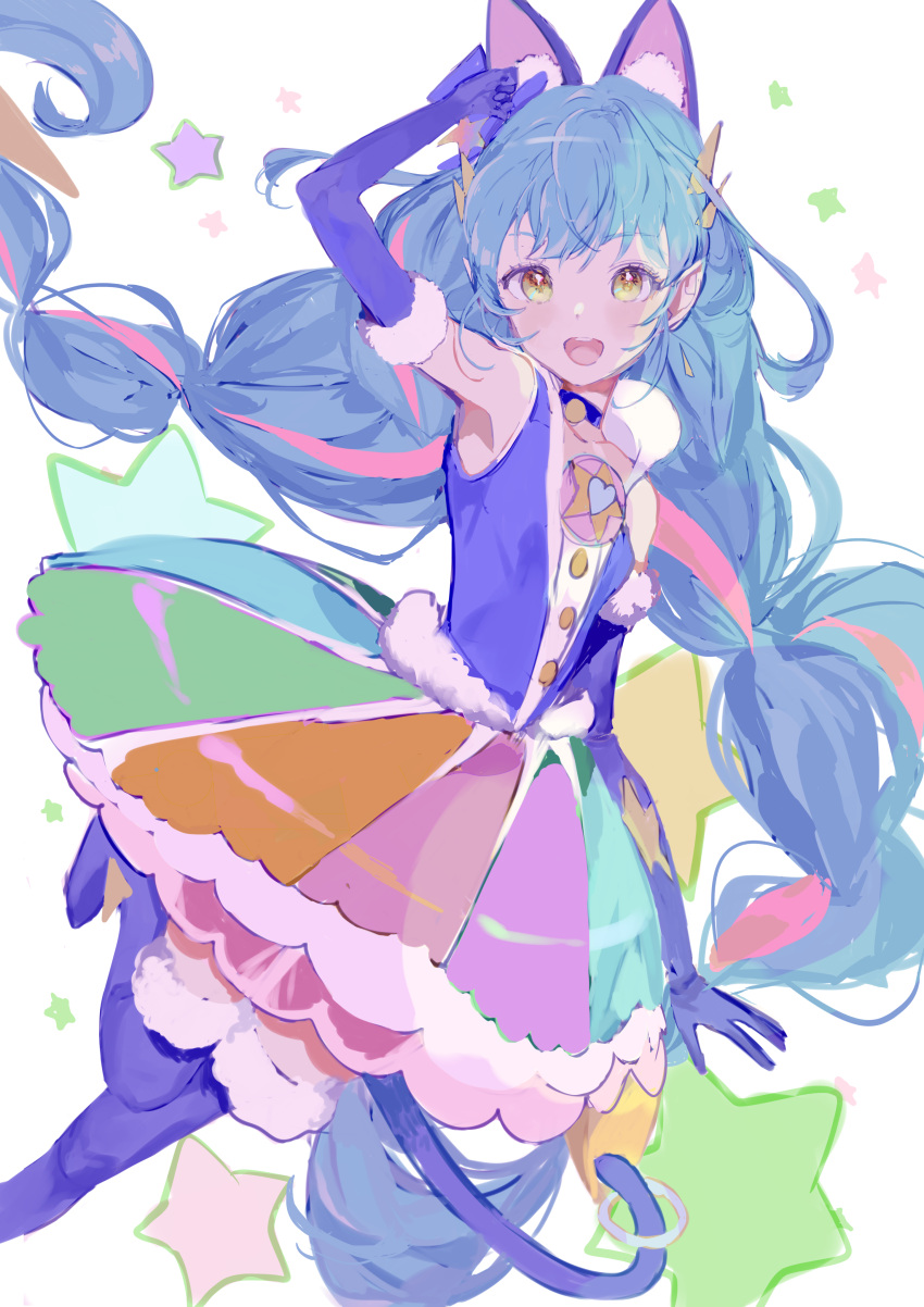 1girl, absurdres, animal_ears, blue_choker, blue_gloves, blue_hair, brooch, cat_ears