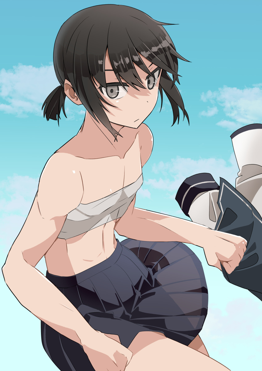 1girl, absurdres, bare_shoulders, black_hair, black_sailor_collar, black_skirt, blue_sky, breasts