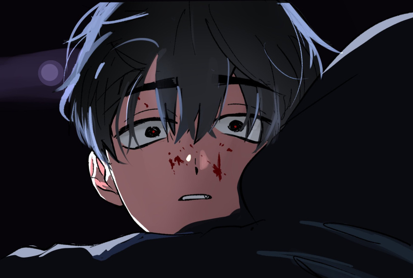 2boys, alien_stage, black_eyes, black_hair, black_hood, blood, blood_on_face, commentary