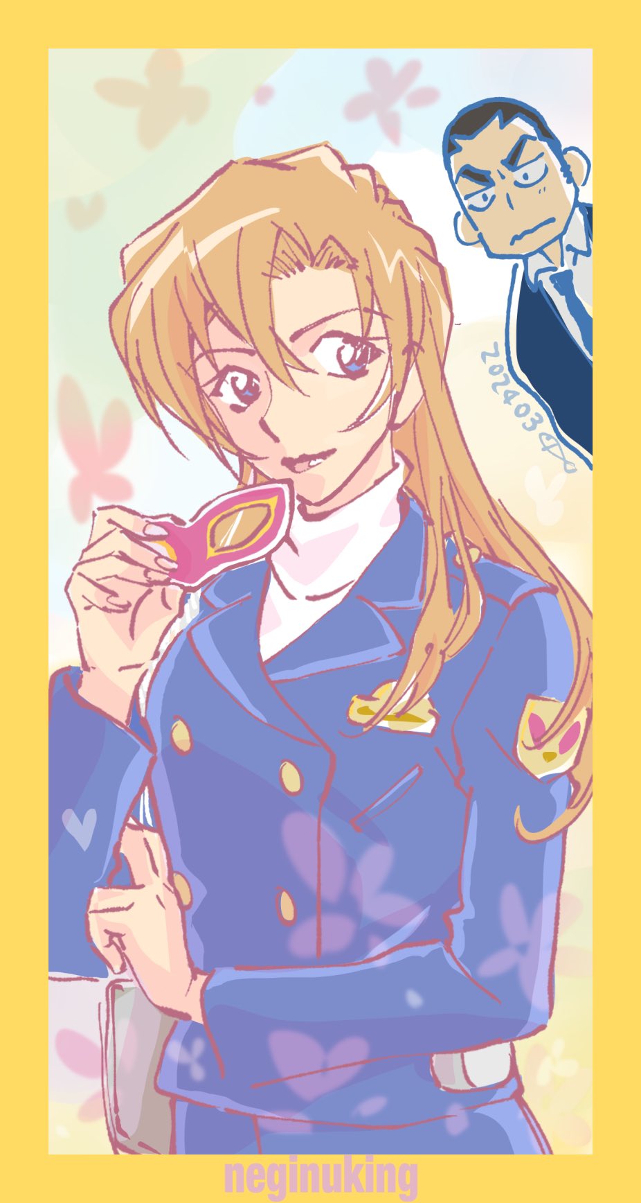 1boy, 1girl, artist_name, black_hair, black_jacket, blue_eyes, blue_jacket, blue_necktie, blue_skirt, border, brown_hair, buttons, closed_mouth, collared_shirt, dated, domino_mask, double-breasted, floral_background, hagiwara_chihaya, heart, highres, holding, holding_mask, jacket, kosaka_tomochi, long_hair, long_sleeves, mask, meitantei_conan, necktie, police, police_uniform, policewoman, shirt, short_hair, skirt, standing, very_short_hair, white_shirt, yellow_border, yokomizo_jugo