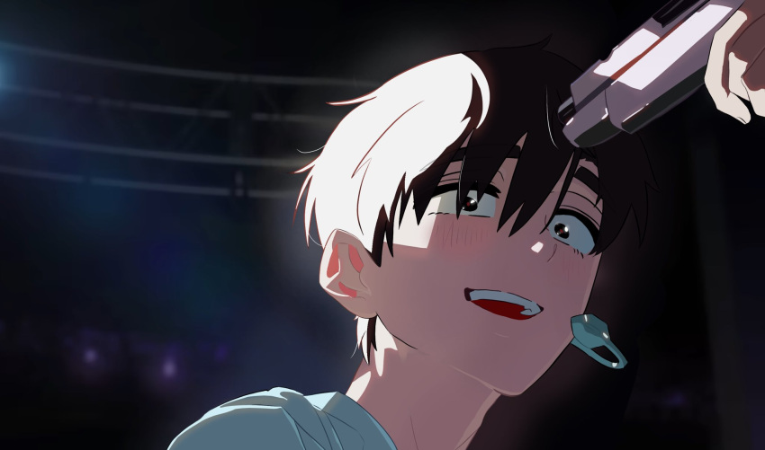 1boy, 1other, alien_stage, black_eyes, black_hair, commentary, gun, headset