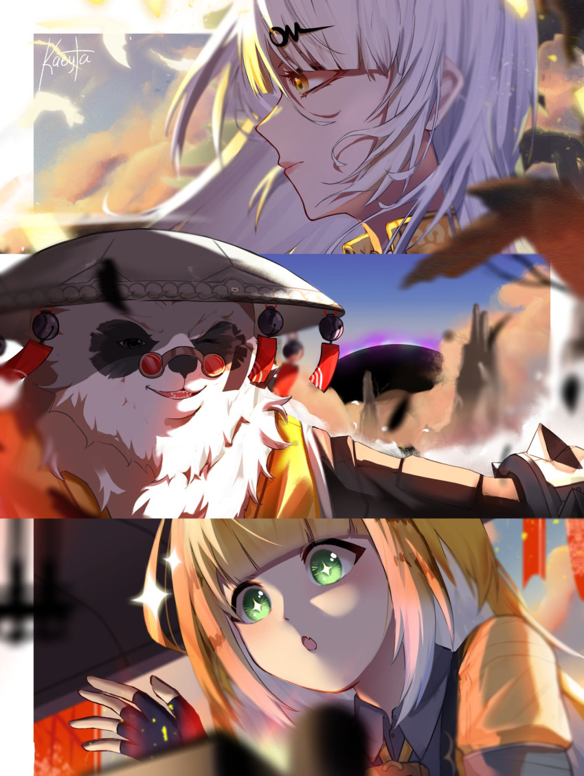 1boy, 2girls, animal_ears, black_fur, blonde_hair, chinese_clothes, closed_mouth, english_commentary