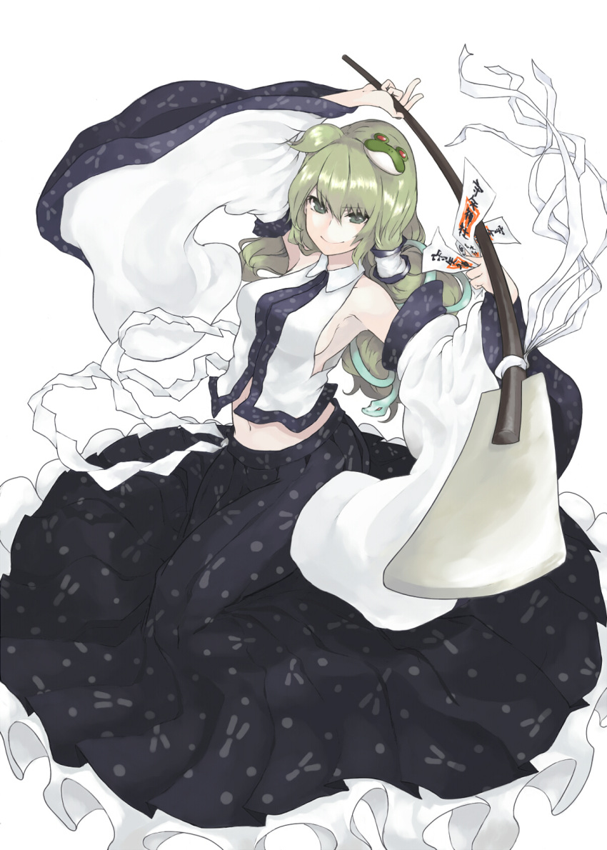 armpits, bare_shoulders, breasts, detached_sleeves, frog, gan_(pixiv), gohei, green_eyes