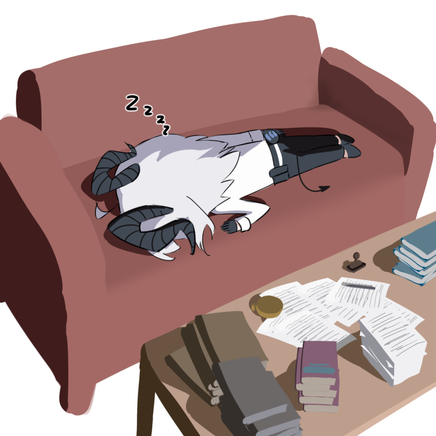 1girl, black_gloves, black_horns, black_pants, black_shoes, black_tail, book, book_stack