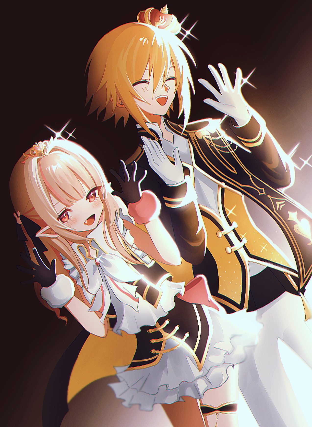 1boy, 1girl, :d, black_gloves, black_jacket, black_vest, blonde_hair, brown_hair