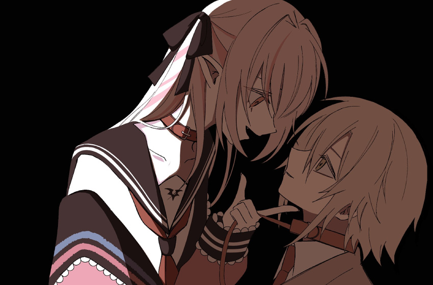 1boy, 1girl, animal_collar, black_background, black_sailor_collar, blonde_hair, brown_hair, collar