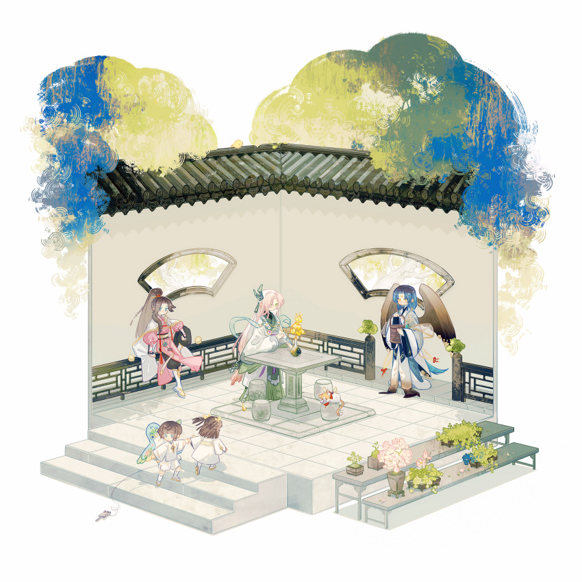 1girl, 4boys, age_difference, aged_down, architecture, bag, black_hair, black_pants