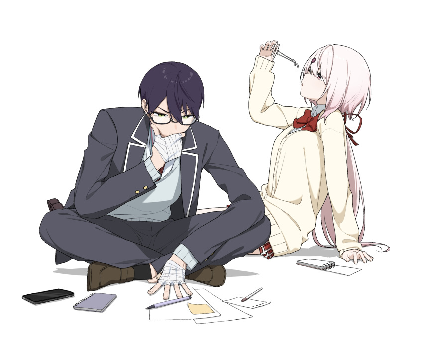1boy, 1girl, bandaged_hand, bandages, black_hair, black_jacket, black_pants, blazer