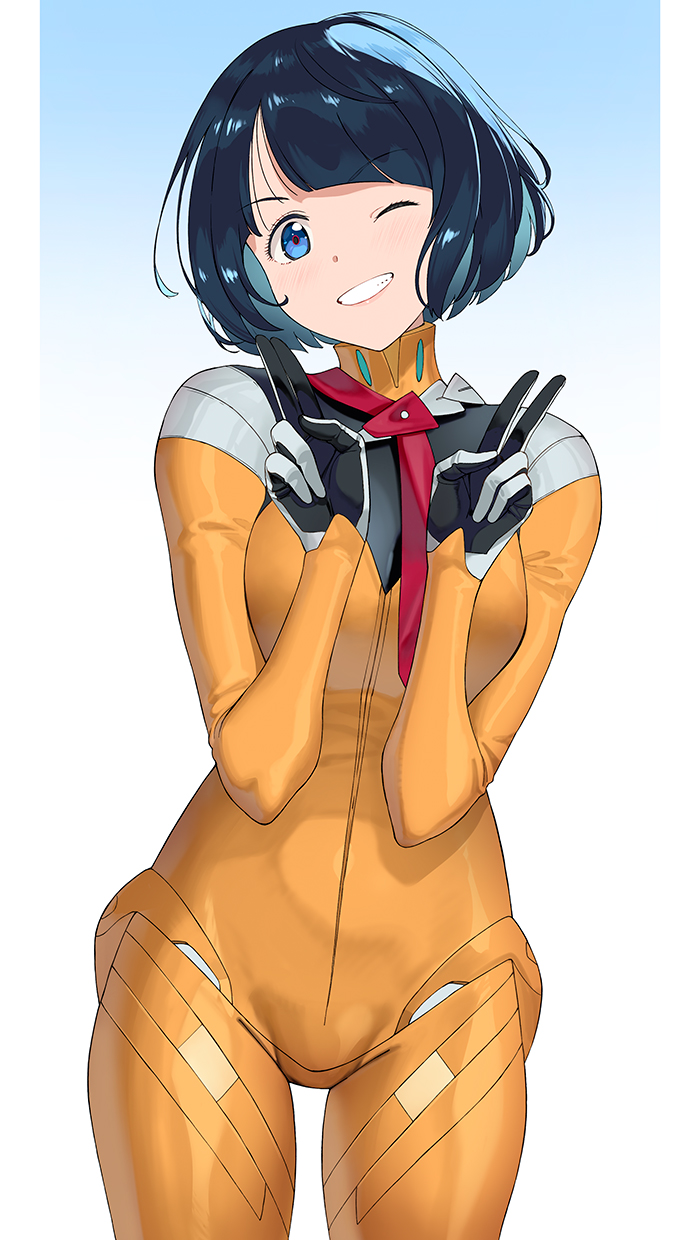 1girl, ;), a1_(initial-g), black_hair, blue_background, blue_eyes, bodysuit, breasts, double_v, gradient_background, gundam, gundam_gquuuuuux, highres, long_sleeves, looking_at_viewer, medium_breasts, one_eye_closed, orange_bodysuit, shiiko_sugai, smile, solo, v, white_background