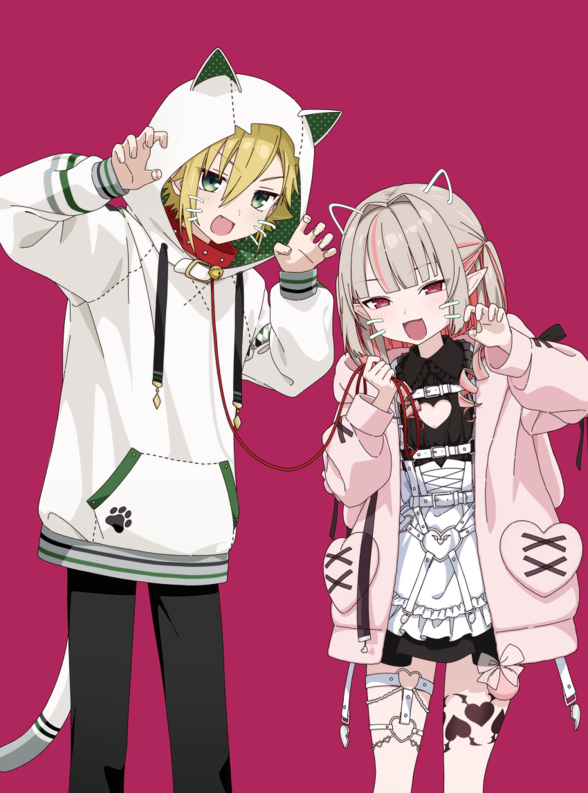 1boy, 1girl, :d, absurdres, animal_collar, animal_hood, apron, black_dress
