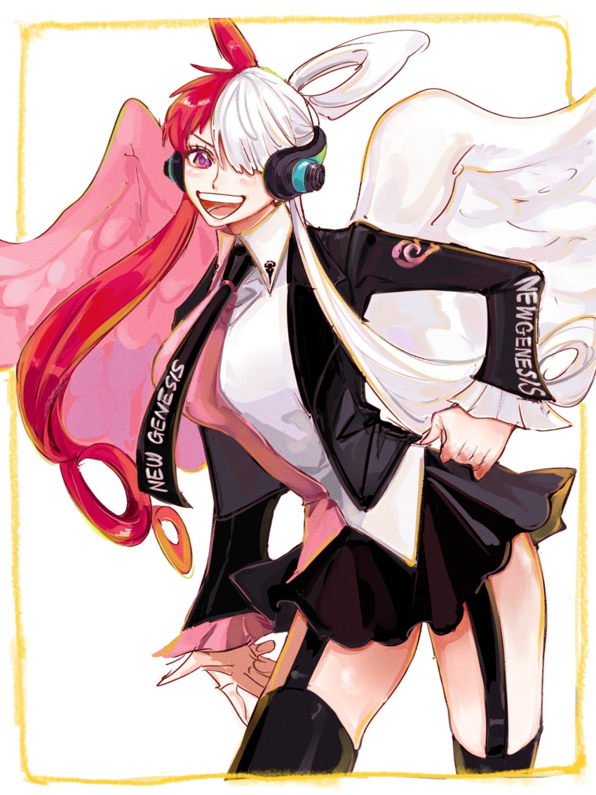 1girl, black_necktie, black_skirt, black_thighhighs, breasts, commentary_request, cowboy_shot, feathered_wings