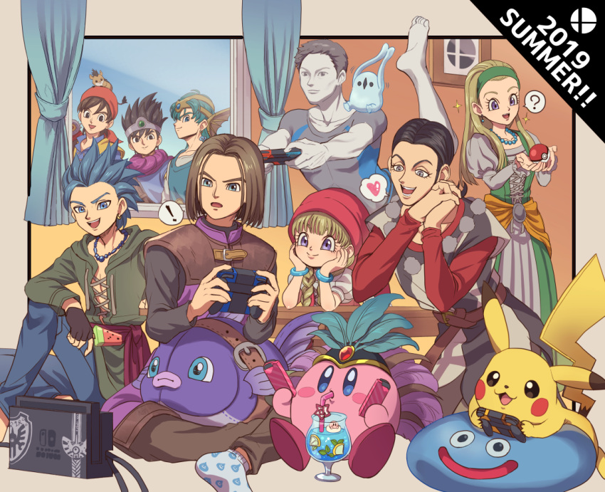 !, 1other, 2019, 2girls, 6+boys, :d, ?, aqua_eyes