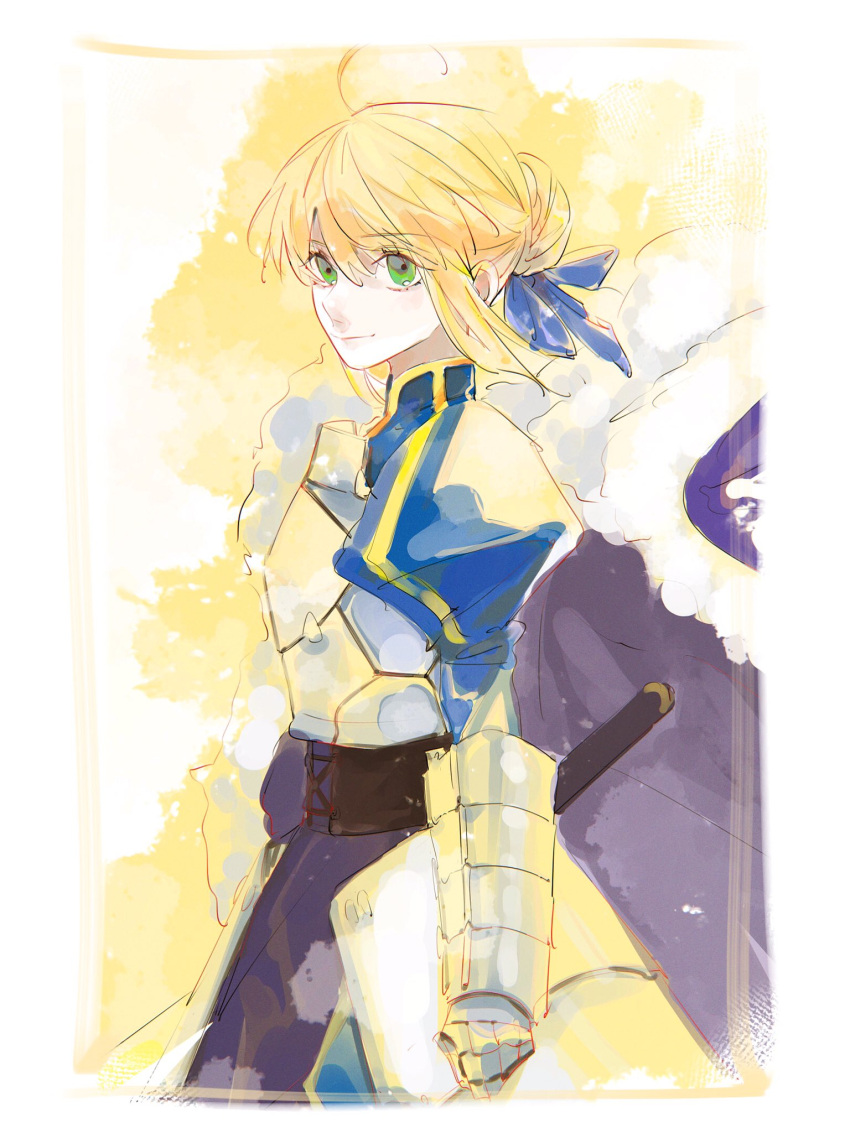 1girl, ahoge, armor, armored_dress, artoria_pendragon_(fate), blonde_hair, cape, commentary_request